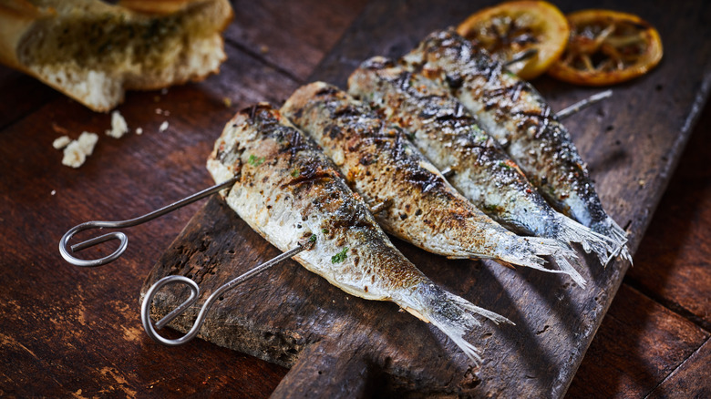 grilled fish on metal skewers