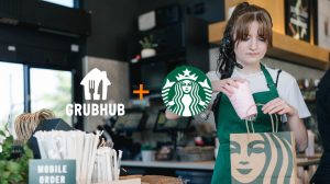 Starbucks employee packing Grubhub delivery order