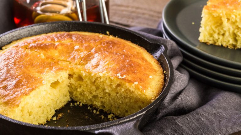 Close up of sliced cast iron cornbread