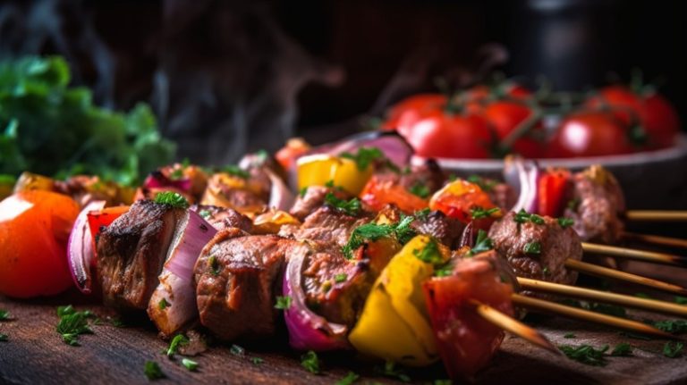 Grilled meat and vegetable kebabs