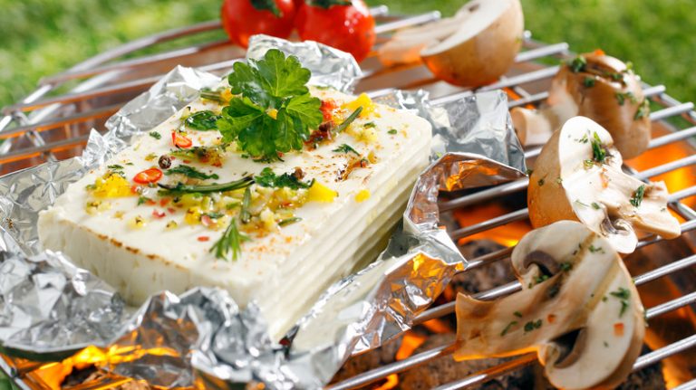 feta and vegetables on grill