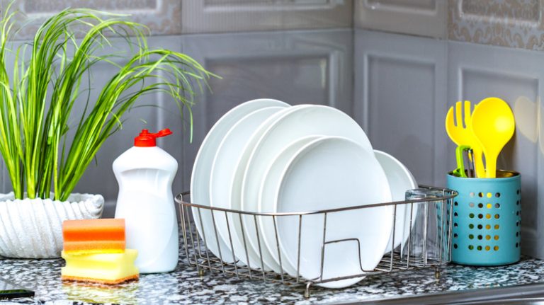 liquid dish soap with dishes on counter